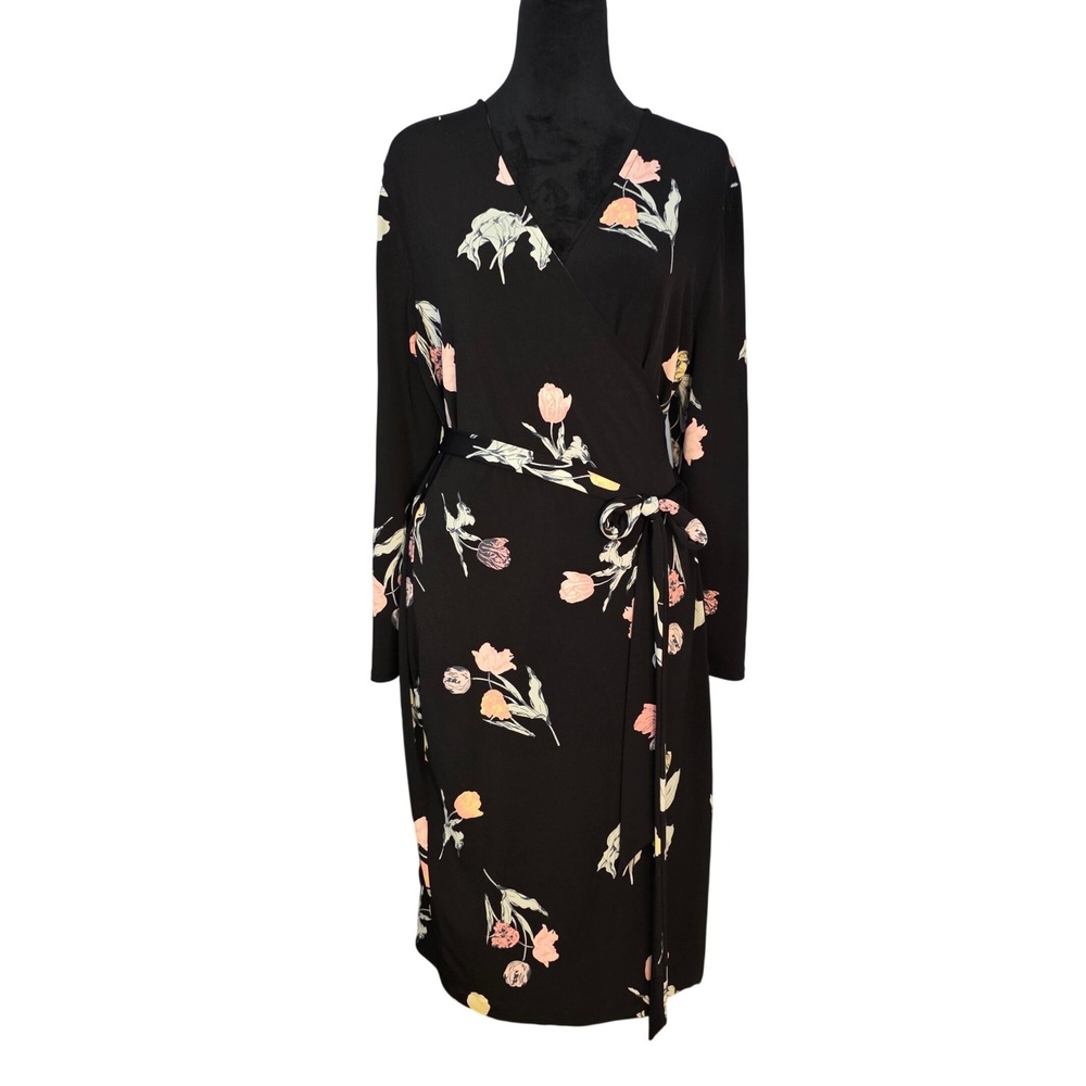 Ann Taylor Factory Black Floral Tulip Wrap Dress Long Sleeve Size 14 Career